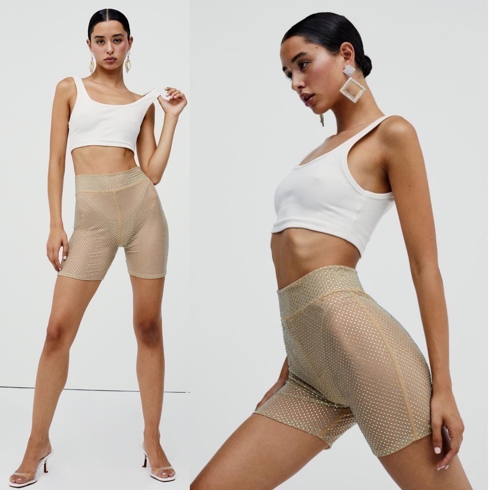 NWT FOR LOVE & LEMONS Rhinestone Sheer Mesh High Waist Festival Bike‎ Shorts M